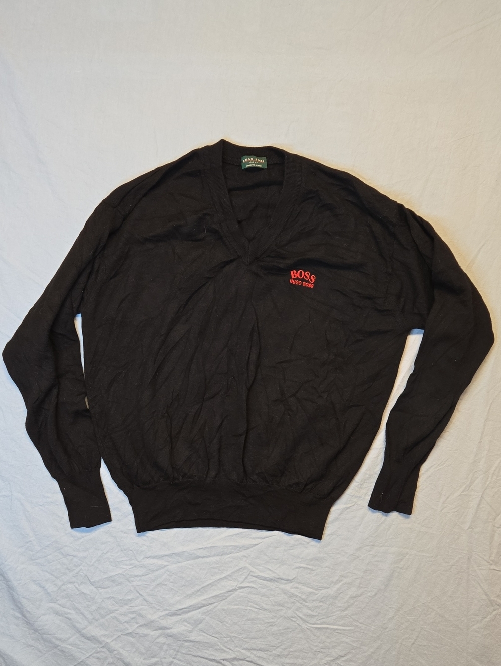 Hugo Boss Golf Black Super Fine Merino Wool Knit V-Neck Sweater Vintage 90s